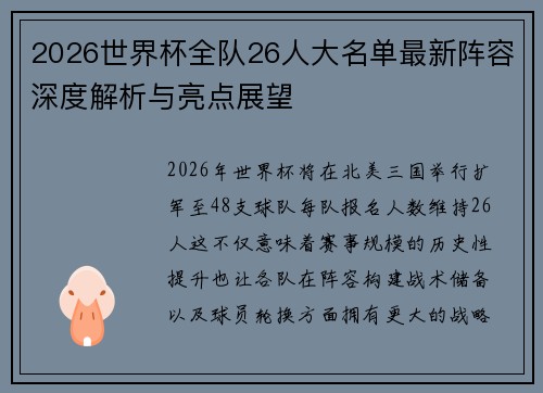 2026世界杯全队26人大名单最新阵容深度解析与亮点展望